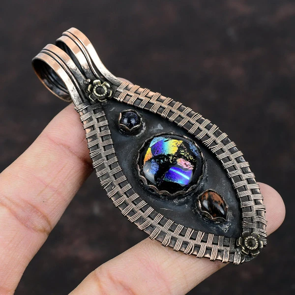 American Dichroic Glass Round Black Handmade Copper Wire Wrapped Pendant