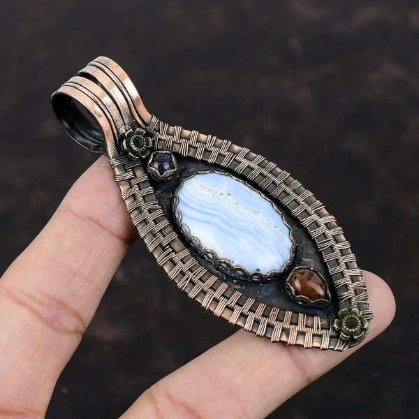 Blue Lace Agate Oval Blue Handmade Copper Wire Wrapped Pendant