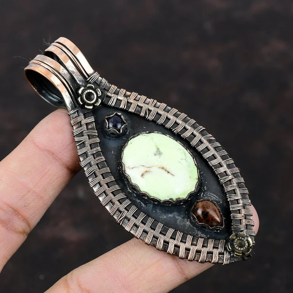 Lemon Chrysoprase Oval Green Handmade Copper Wire Wrapped Pendant