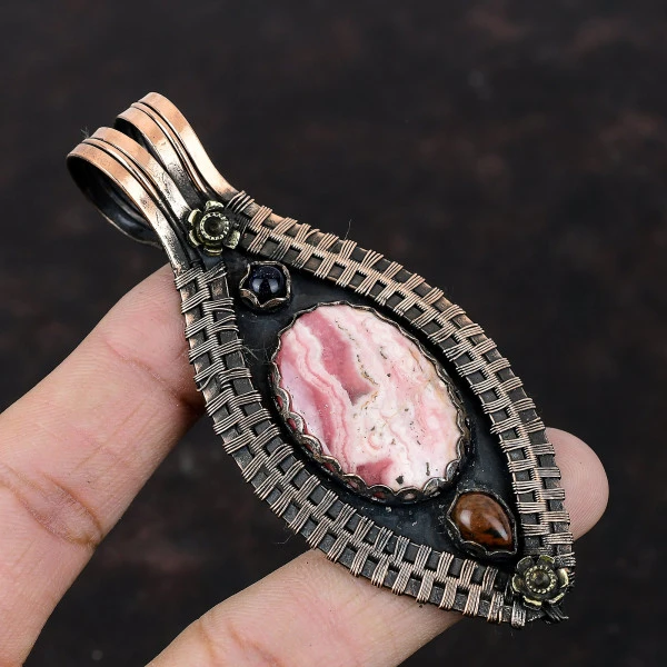 Rhodochrosite Oval Pink Handmade Copper Wire Wrapped Pendant