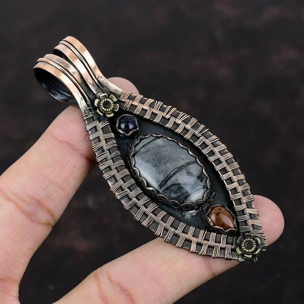 Picasso Jasper Oval Black Handmade Copper Wire Wrapped Pendant