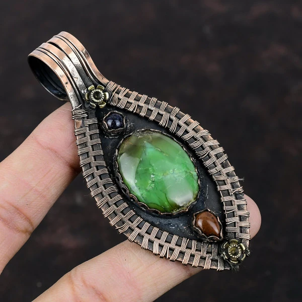 Chrysoprase Oval Green Handmade Copper Wire Wrapped Pendant
