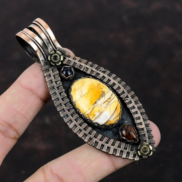 Brecciated Mookaite Oval Yellow Handmade Copper Wire Wrapped Pendant