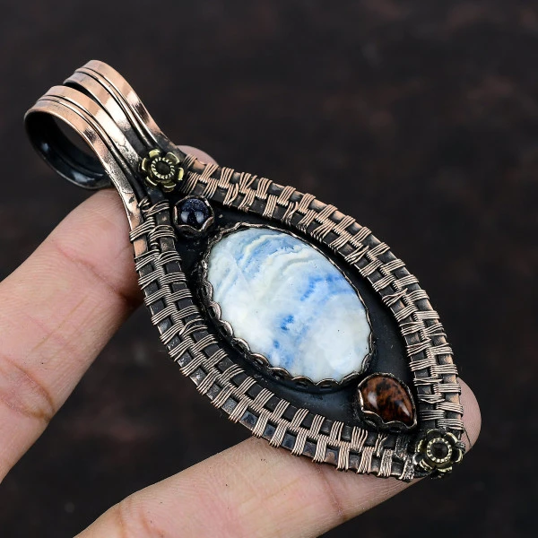 Blue Scheelite Oval Blue Handmade Copper Wire Wrapped Pendant