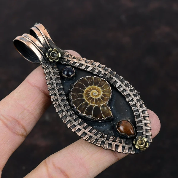 Ammonite Fossil Pear Brown Handmade Copper Wire Wrapped Pendant