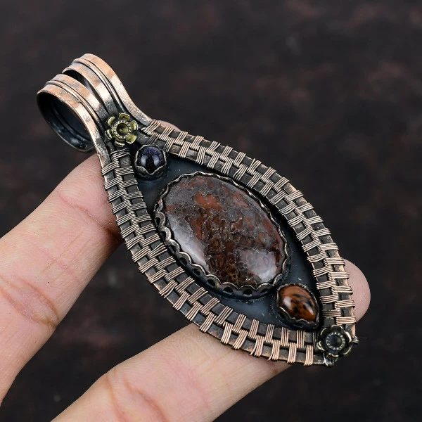 Dinosaur Bone Oval Red Handmade Copper Wire Wrapped Pendant