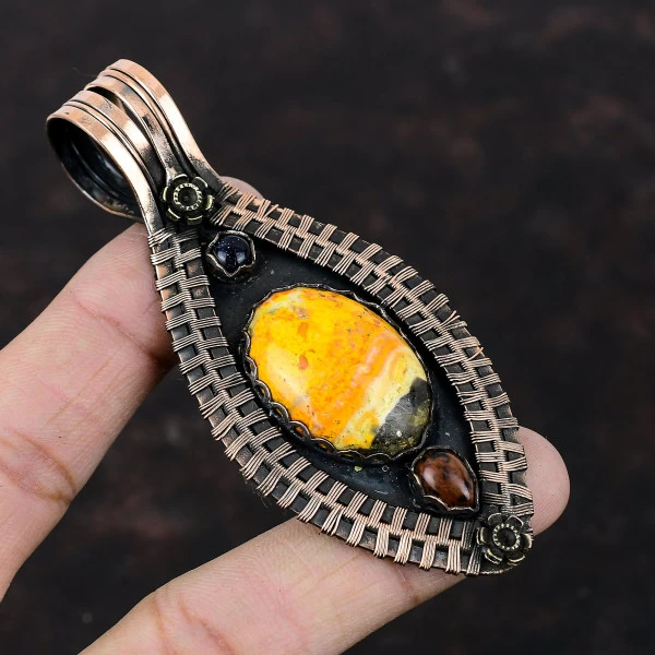 Bumble Bee Jasper Oval Yellow Handmade Copper Wire Wrapped Pendant