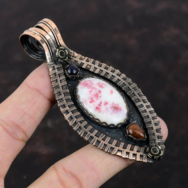Cinnabar Oval White Handmade Copper Wire Wrapped Pendant