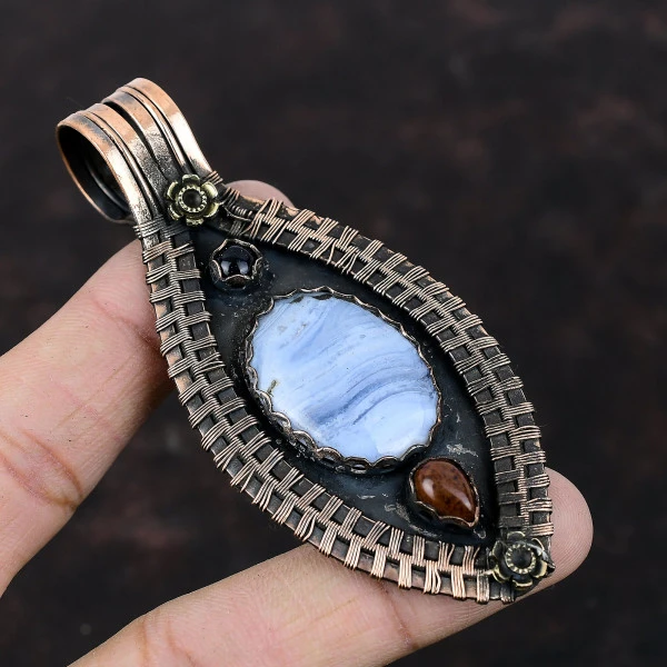 Blue Lace Agate Oval Blue Handmade Copper Wire Wrapped Pendant