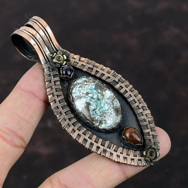 Tibetan Turquoise Oval Brown Handmade Copper Wire Wrapped Pendant