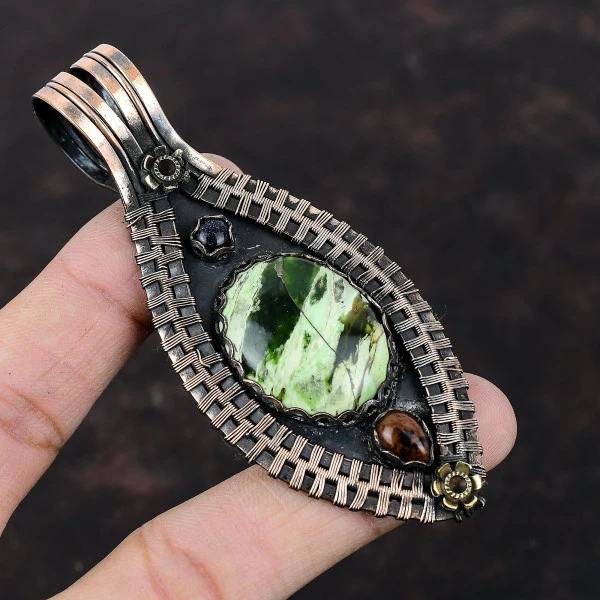 Australian Chrome Chalcedony Oval Green Handmade Copper Wire Wrapped Pendant