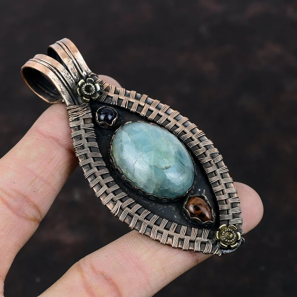 Aquamarine Oval Green Handmade Copper Wire Wrapped Pendant