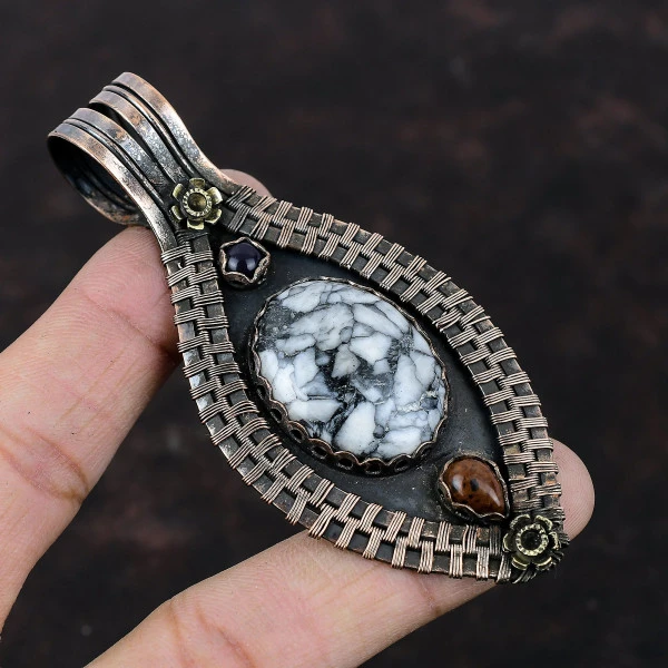 Pinolith Jasper Oval Black Handmade Copper Wire Wrapped Pendant