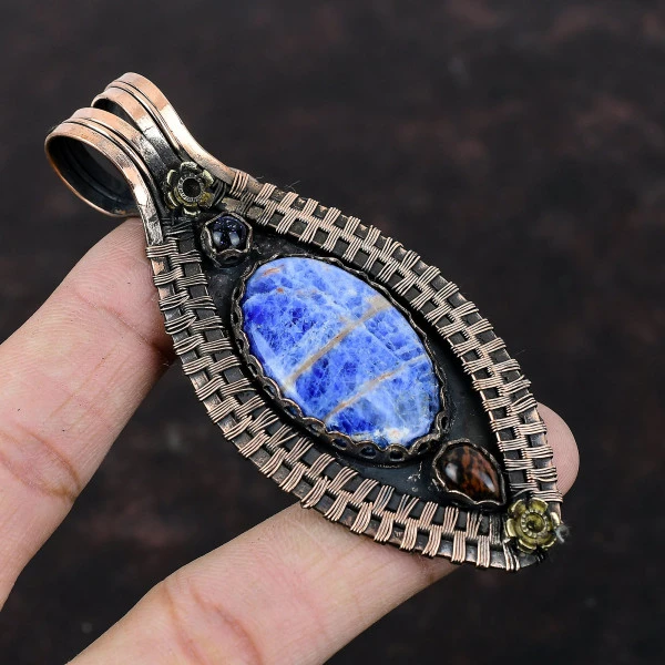 Sodalite Oval Blue Handmade Copper Wire Wrapped Pendant