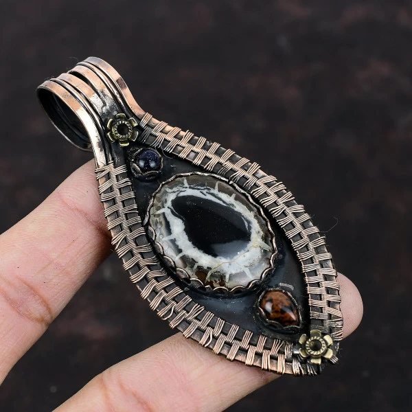 Moroccan Mud Crack Fossil Oval Brown Handmade Copper Wire Wrapped Pendant