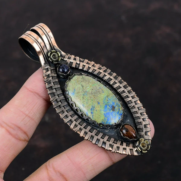Azurite Malachite Oval Green Handmade Copper Wire Wrapped Pendant