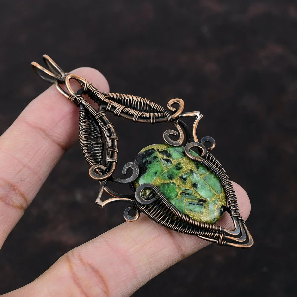 Handmade Copper Wire Wrapped Ruby Zoisite Pendant – Elegant Gemstone Jewelry