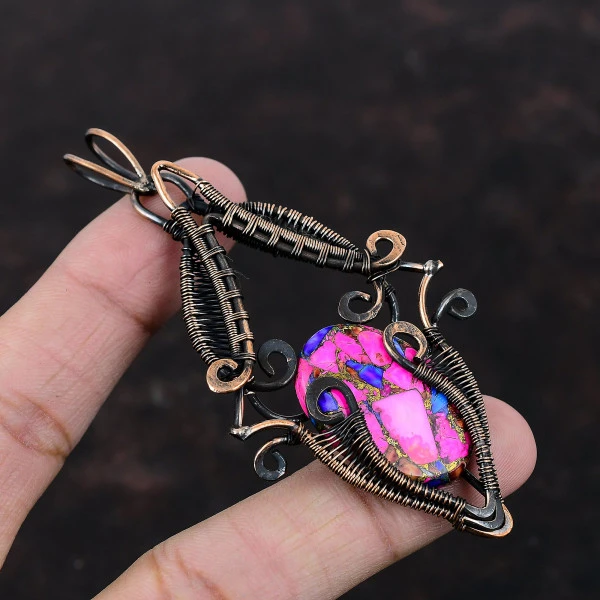 Natural Kingman Pink Dahlia Turquoise Oval Pink Handmade Copper Wire Wrapped Pendant