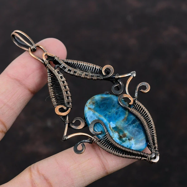 Neon Apatite Oval Blue Handmade Copper Wire Wrapped Pendant