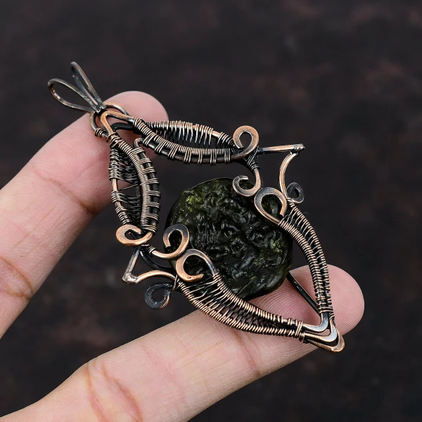 Moldavite Round Green Handmade Copper Wire Wrapped Pendant