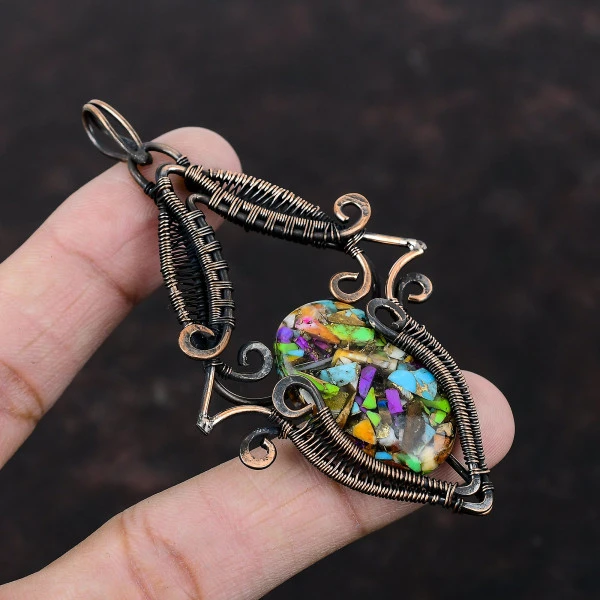 Fiesta Kingman Turquoise Oval Green Handmade Copper Wire Wrapped Pendant