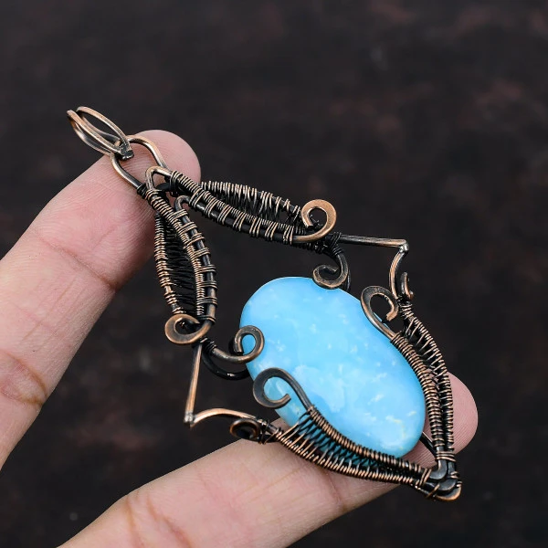 Hemimorphite Oval Blue Handmade Copper Wire Wrapped Pendant