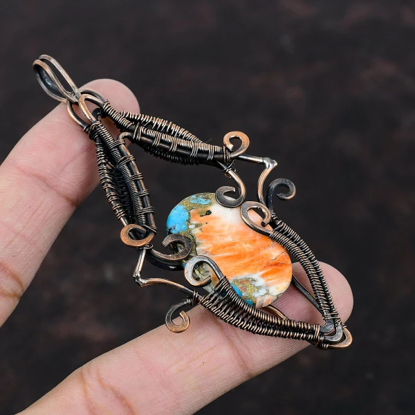 Spiny Oyster Copper Turquoise Oval Orange Handmade Copper Wire Wrapped Pendant
