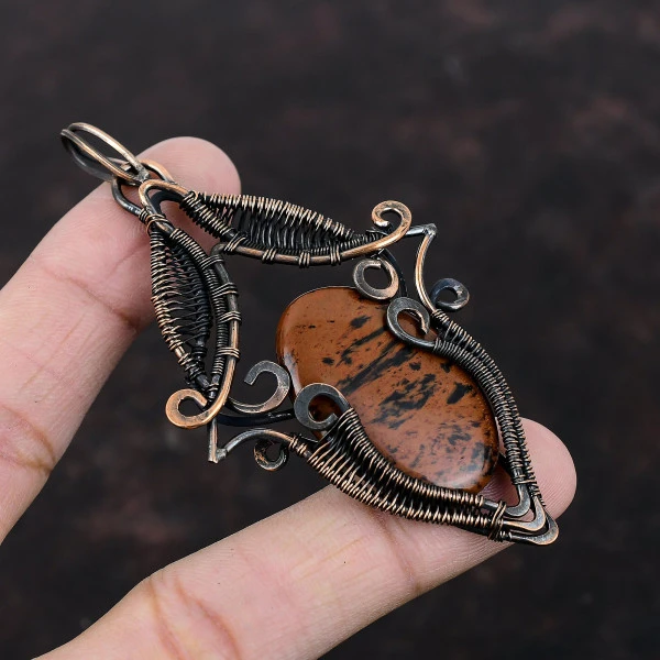 Mahogany Obsidian Oval Brown Handmade Copper Wire Wrapped Pendant