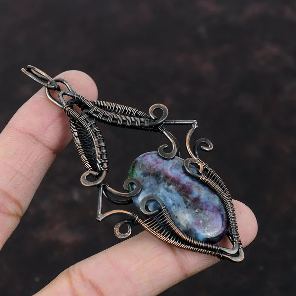 Ruby In Blue Kyanite Oval Blue Handmade Copper Wire Wrapped Pendant