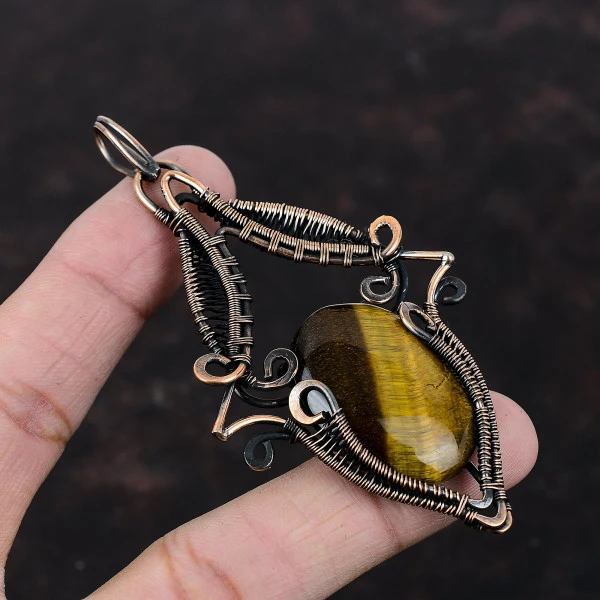 Tiger's Eye Oval Brown Handmade Copper Wire Wrapped Pendant