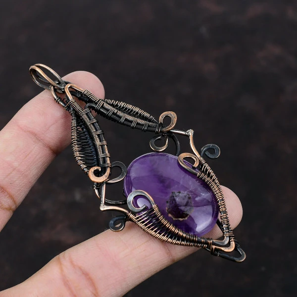 Star Amethyst Oval Purple Handmade Copper Wire Wrapped Pendant