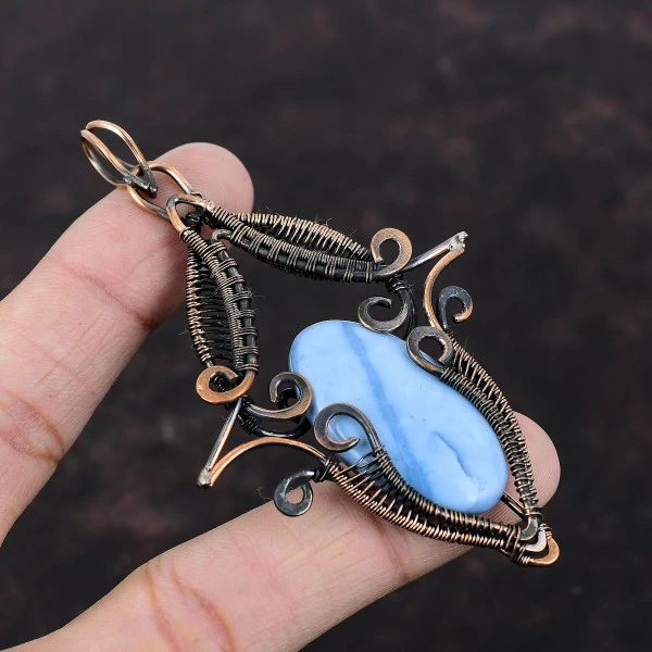 Owyhee Blue Opal Oval Blue Handmade Copper Wire Wrapped Pendant