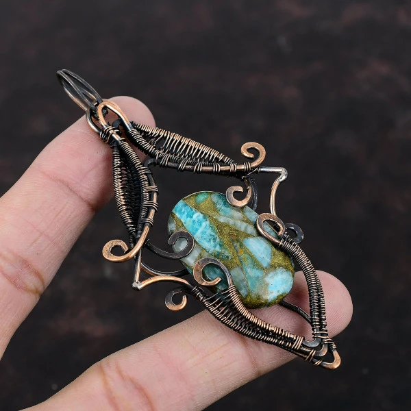 Copper Amazonite Oval Green Handmade Copper Wire Wrapped Pendant