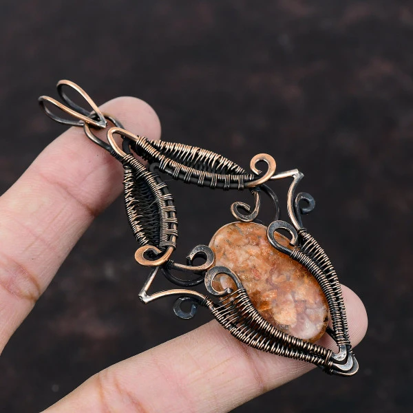 Sunstone Oval Orange Handmade Copper Wire Wrapped Pendant
