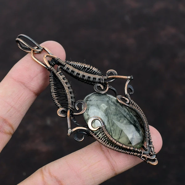 Moss Prehnite Oval Green Handmade Copper Wire Wrapped Pendant