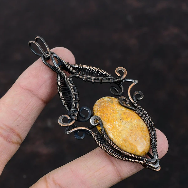 Fossil Coral Oval Yellow Handmade Copper Wire Wrapped Pendant
