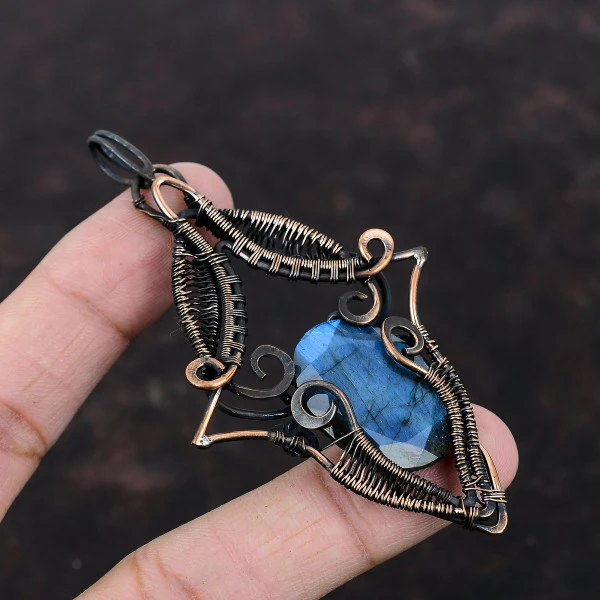 Labradorite Oval Blue Handmade Copper Wire Wrapped Pendant