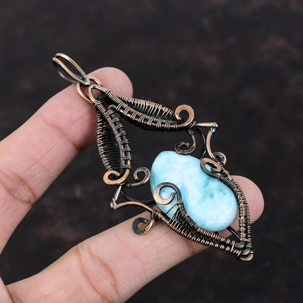 Larimar Oval Blue Handmade Copper Wire Wrapped Pendant