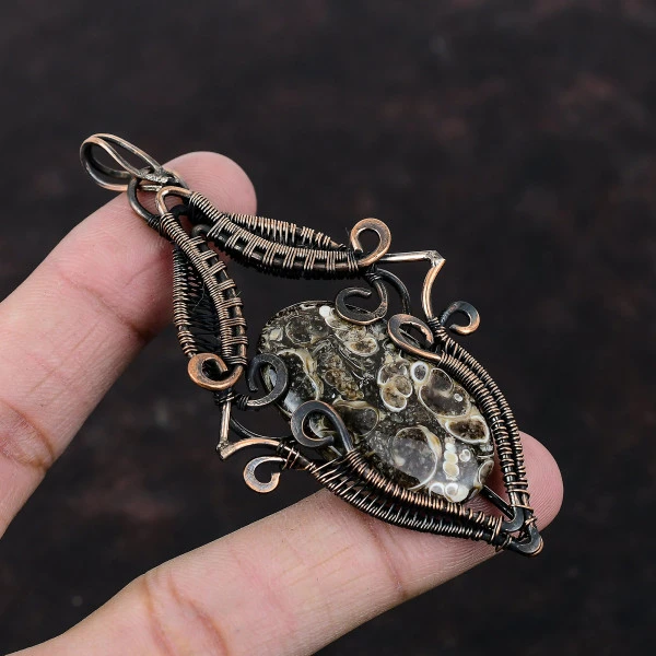 Turritella Agate Oval Brown Handmade Copper Wire Wrapped Pendant