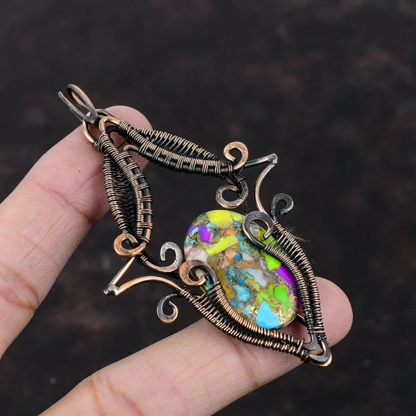 Multi Copper Turquoise Oval Green Handmade Copper Wire Wrapped Pendant