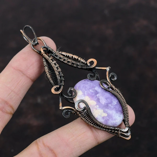 Lepidolite Oval Purple Handmade Copper Wire Wrapped Pendant