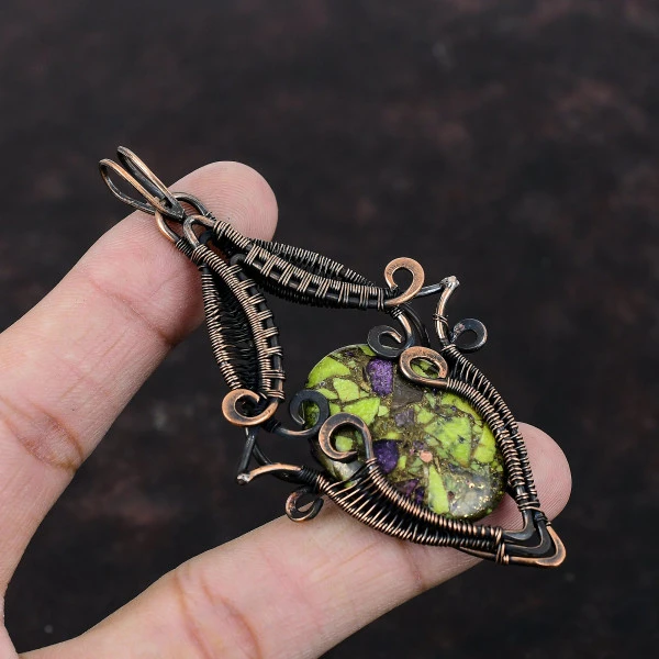 Copper Stichtite Oval Green Handmade Copper Wire Wrapped Pendant