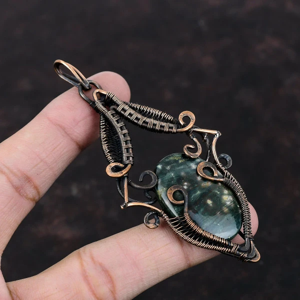 Ocean Jasper Oval Green Handmade Copper Wire Wrapped Pendant