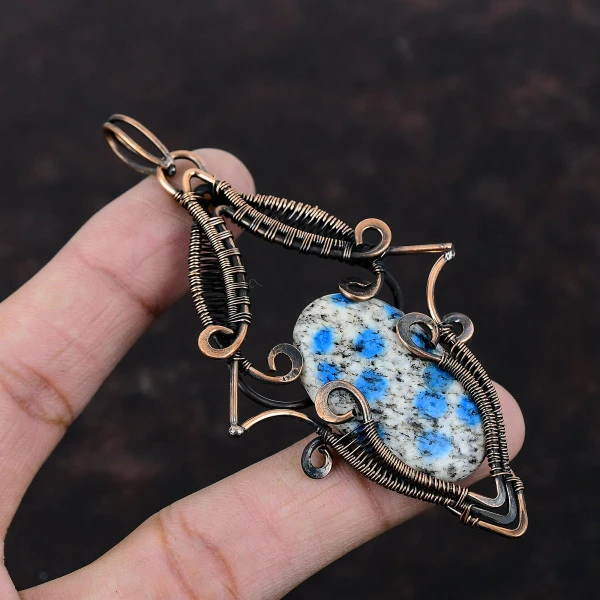 K2 Jasper Oval White Handmade Copper Wire Wrapped Pendant