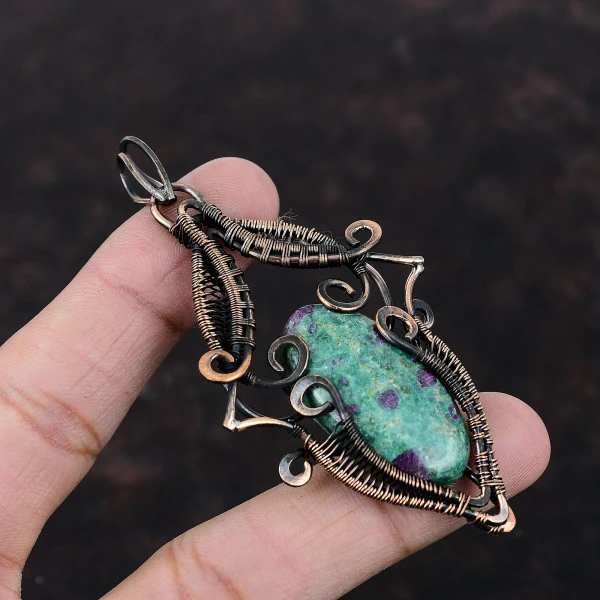 Ruby Fuchsite Oval Green Handmade Copper Wire Wrapped Pendant