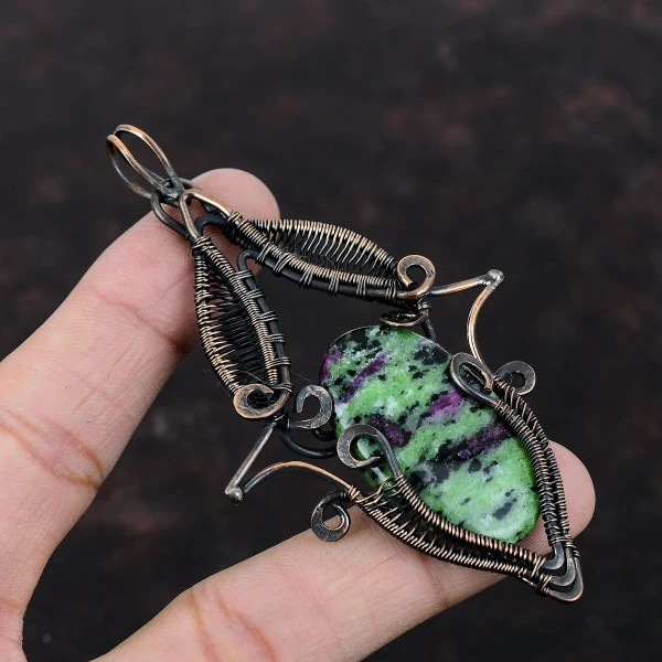 Ruby Zoisite Oval Green Handmade Copper Wire Wrapped Pendant