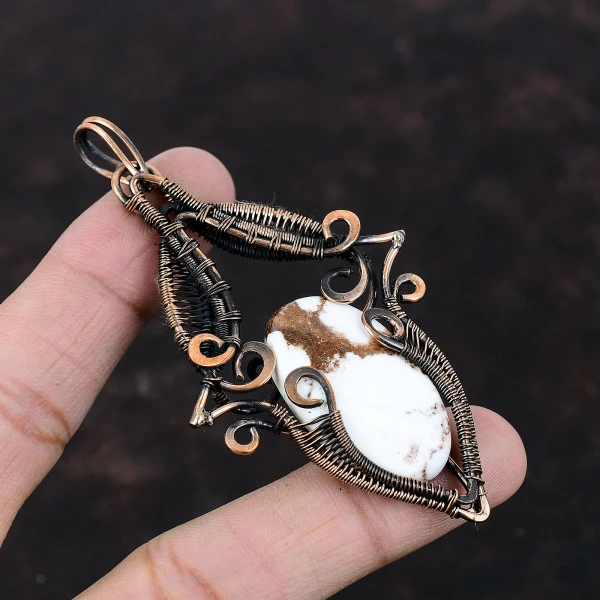 Wild Horse Magnesite Oval White Handmade Copper Wire Wrapped Pendant