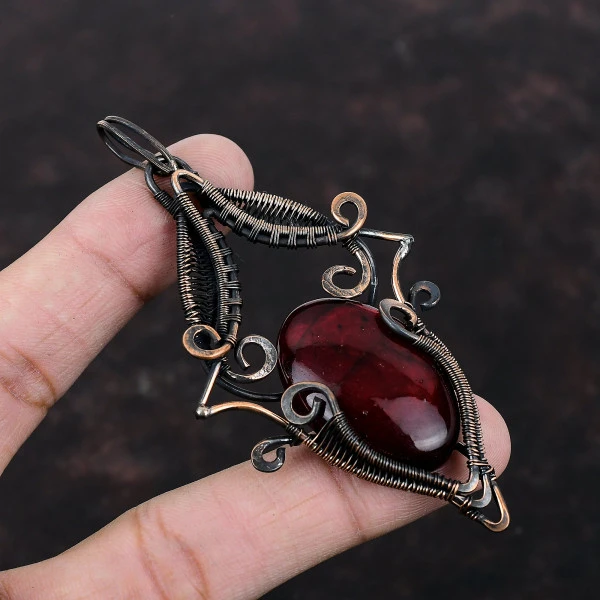 Red Fire Labradorite Oval Red Handmade Copper Wire Wrapped Pendant