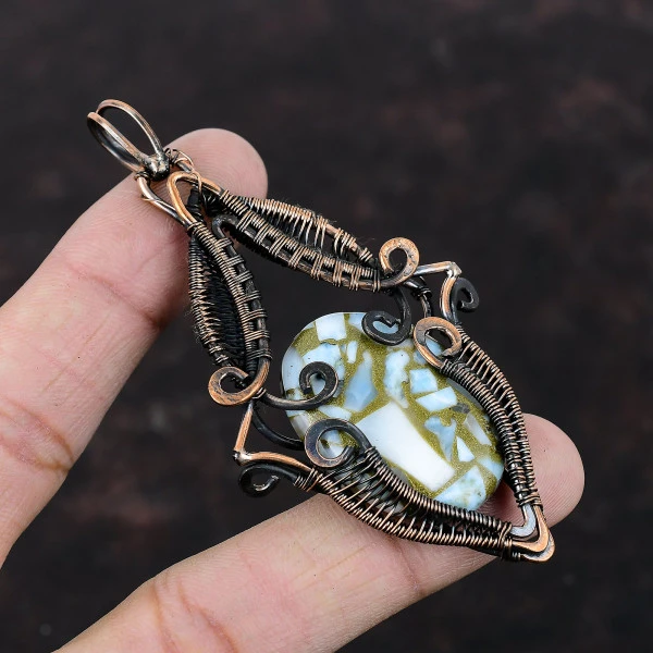 Copper Larimar Oval Blue Handmade Copper Wire Wrapped Pendant