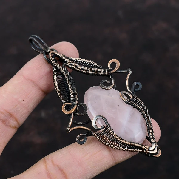 Rose Quartz Oval Pink Handmade Copper Wire Wrapped Pendant